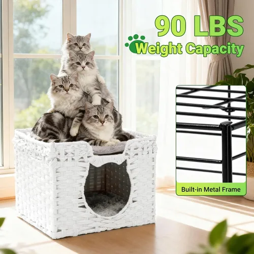 Vista 5 de Cueva de ratán tejida a mano para gatos con dos cojines, camas para gatos, casa de gatitos interior, impermeable y plegable, color blanco, 16.5