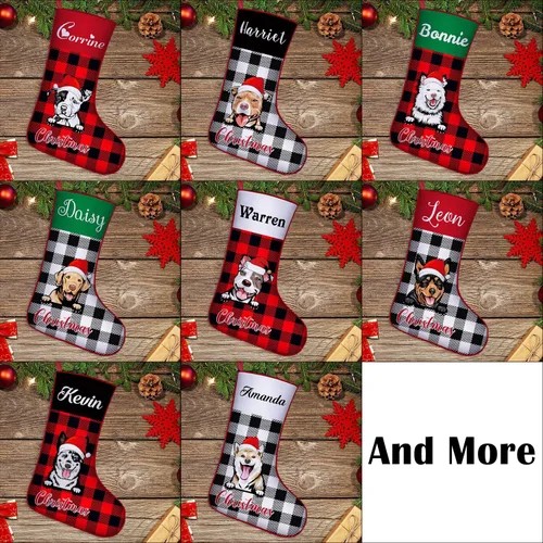 Vista 2 de Medias de Navidad de raza de perro personalizadas con texto de nombre, regalos de decoración de calcetines de Navidad personalizados para perros