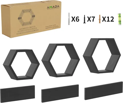 Vista 8 de Estantes flotantes hexagonales de madera para montar en la pared, juego de 6 estantes hexagonales de madera de pino para fotos, plantas, estantes
