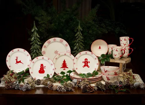 Vista 7 de Euro Ceramica Winterfest - Juego de tazas de Navidad de 4 piezas, tazas de gres navideñas estampadas a mano, patrones surtidos rojos y blancos