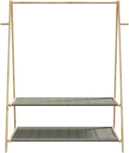Vista 4 de Natural Bamboo Clothes Rack Foldable with Two Shelves, 52.0 in x 17.9 in x 59.3 in, Sturdy Eco-Friendly Storage Organizer for Indoor Outdoor Use