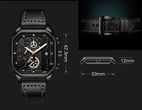 Vista 2 de putouzip Men Square Watch Analog Quartz Luminous Stainless Steel Leather Wristwatch Date Waterproof Chronograph