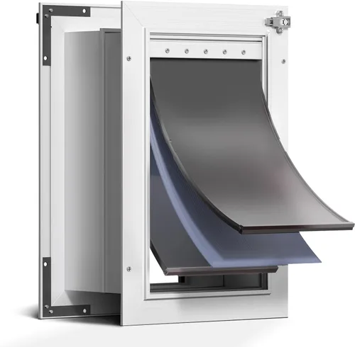 Vista 9 de Puerta de perro de 3 solapas para pared, puerta grande de aleación de aluminio, puerta para mascotas de montaje en pared para perros con 2