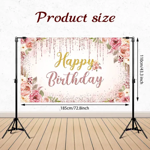 Vista 2 de Decoraciones de fondo de feliz cumpleaños para mujeres, suministros de fiesta, telón de fondo rosa, fotografía para niñas y niños, pancarta floral