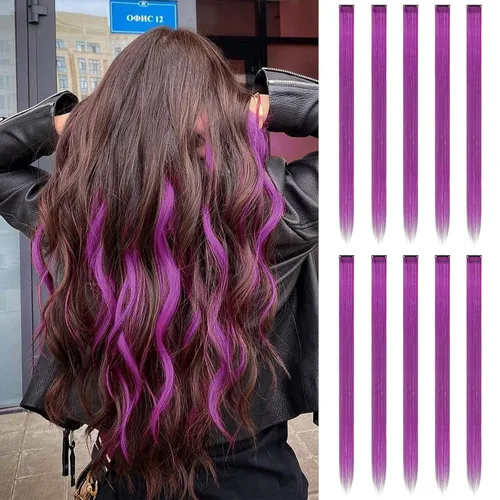 Vista 44 de FESHFEN Juego de 12 extensiones de cabello con clip, color negro, con clip, con purpurina, kit de accesorios coloridos para mujeres, de 20 pulgadas
