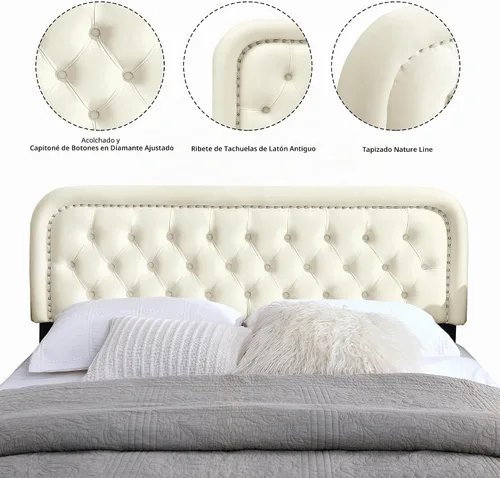 Vista 4 de Cabecero capitonado tapizado de tamaño completo solamente - Cabeceros de madera maciza con botones con altura ajustable - Cabeceros de cama modernos