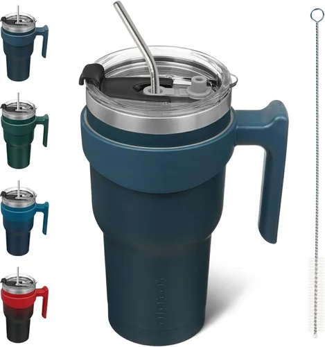 Vista 25 de BJPKPK Mini vaso de 10 onzas con tapa, popote y asa, taza de acero aislada
