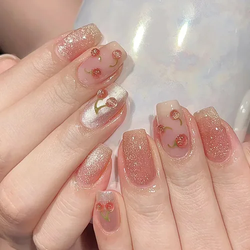 Vista 11 de Uñas postizas acrílicas artificiales con punta francesa en color nude con diseño de mariposa de cristal 3D y perla - Uñas de ataúd brillantes