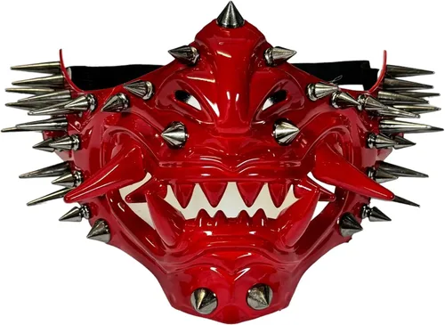 Vista 8 de Máscara Hannya del monstruo japonés rojo con escudo de media cara Oni Samurai de demonio con pinchos (negro)