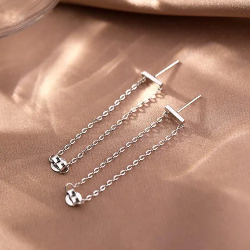 Vista 5 de Reffeer Solid 925 Sterling Silver Bar Tassel Chain Drop Earrings for Women Teens Bar Drop Earrings Minimalist Studs
