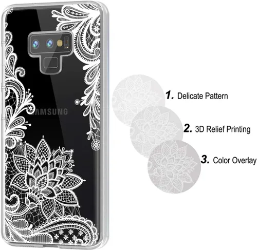 Vista 4 de Funda de teléfono para Galaxy Note 9, para Samsung Note 9, para niñas y mujeres, delgada, a prueba de golpes, transparente, patrón floral, suave