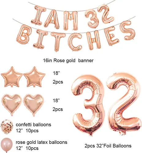 Vista 2 de Juego de fiesta de cumpleaños número 32, con texto en inglés "I am 32 Bitches" (Soy 32 Bitches), globos de confeti de oro rosa para niñas de 32 años