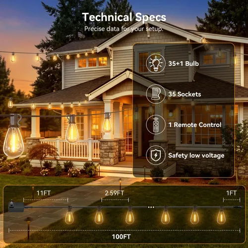 Vista 5 de Guirnalda de luces para exteriores de 200 pies con control remoto, luces de patio impermeables con 72+2 bombillas LED inastillables, decoración