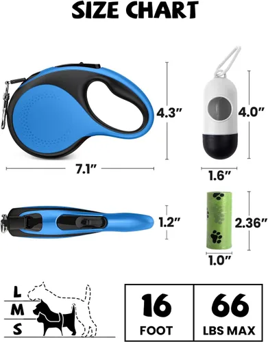 Vista 2 de Correa retráctil para perro con luz LED, correa recargable de 16 pies para perros pequeños y medianos de hasta 66 libras, 360° sin enredos, control