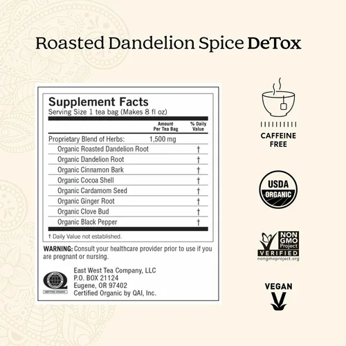 Vista 2 de Yogi Destox de especias de diente de león tostado con té, 16 bolsas por paquete (4 paquetes), té orgánico DeTox, incluye raíz de diente de león