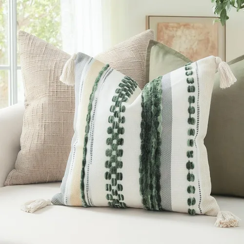 Vista 5 de PANOD - Fundas de almohada estilo casa de campo de chenilla de 16 x 16 pulgadas, color verde oscuro, juego de 2; fundas de almohada de bouclé neutro