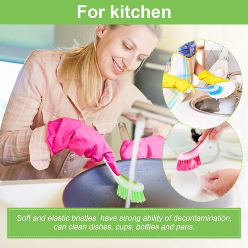 Vista 5 de 5 cepillos largos para platos con asa, cepillo para lavar platos de colores surtidos con ventosa, herramienta de limpieza multiusos para cocina