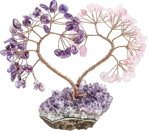 Vista 4 de TUMBEELLUWA Árbol de dinero con piedras de cristal con base de racimo de amatista natural, hecho a mano, figura de amor, árbol bonsái para buena