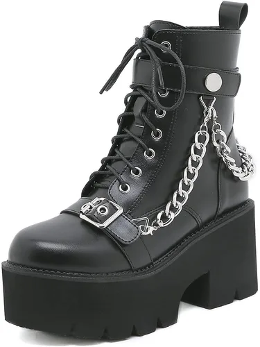 Vista 15 de mikarka Platform Boots for Women - Womens Combat Boots with Chain Design 1-negro