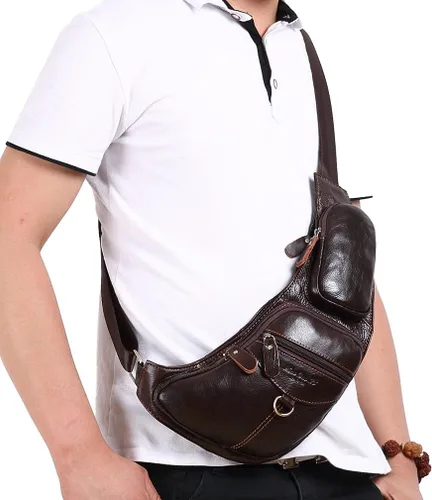 Vista 4 de Bolso bandolera de cuero para hombres y mujeres, viajes al aire libre y campamento, #07Café, 17cm(W)x5cm(D)x31cm(H)(6.7"x1.9"x12.20") approx