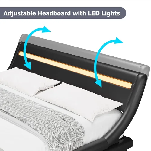 Vista 7 de TTVIEW Base de cama LED de perfil bajo de tamaño matrimonial con cabecera ajustable, moderna plataforma tapizada con soporte de listones de madera