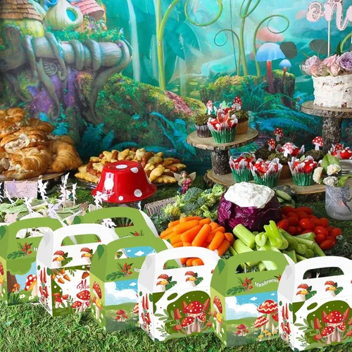 Vista 6 de Cieovo Paquete de 24 cajas de regalo de papel para fiesta de hongos, bolsas de dulces de fiesta de hongos, cajas de papel kraft para golosinas