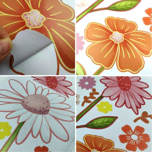 Vista 4 de Calcomanías de pared de flores bohemias, calcomanías de pared de margaritas y mariposas, PVC impermeable, autoadhesivas, arte floral, retro, se