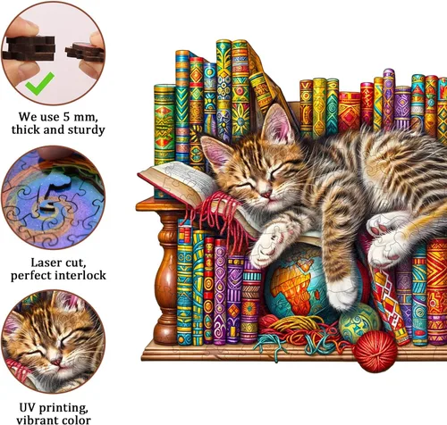 Vista 3 de Jigfoxy Rompecabezas de madera para adultos, rompecabezas de madera de gato DragonLi para adultos, rompecabezas de madera con forma de animal único