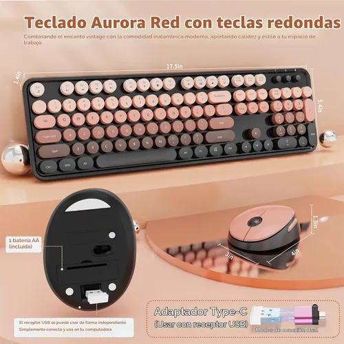 Vista 6 de Combo de teclado y mouse inalámbricos Nowlike, teclado retro de máquina de escribir con teclas redondas, ergonómico de tamaño completo, rojo aurora