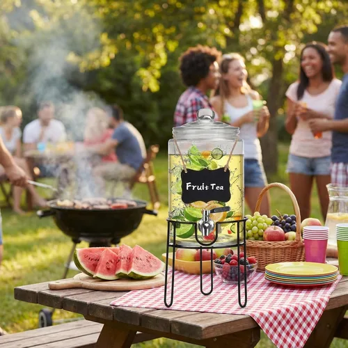 Vista 3 de Dispensador de bebidas de 1 galón con soporte, dispensadores de bebidas para fiestas, Navidad, dispensador de bebidas con grifo 100% a prueba