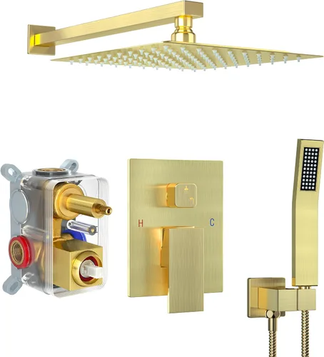 Vista 20 de Sistema de ducha dorado cepillado con cabezal de ducha de lluvia de 10 pulgadas y boquilla de bañera cUPC-certified pressure balance brass valve