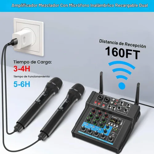 Vista 9 de Aveek - Mezclador de audio amplificador de 150 W x2, 4 canales con 2 micrófonos inalámbricos