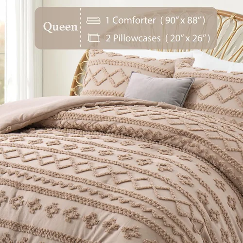 Vista 50 de Oli Anderson Juego de Edredón Beige Queen Acolchado Juego de Ropa de Cama Queen 3 Piezas, Edredón Boho Shabby Chic con 2 Fundas de Almohada
