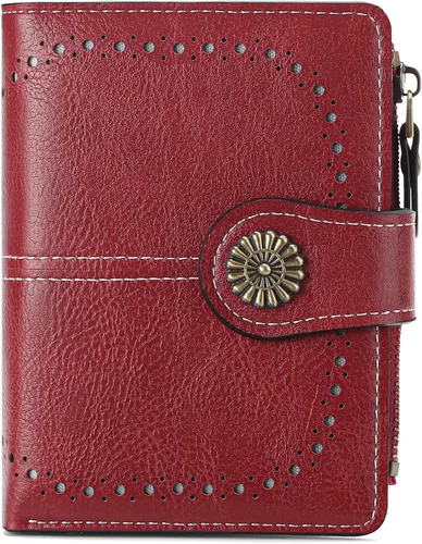 Vista 15 de Cartera pequeña para mujer, de piel, plegable, compacta, con bloqueo RFID, con bolsillo con cremallera para monedas, A01 Rojo Vino, Classic