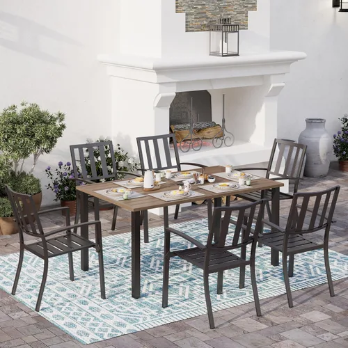 Vista 4 de SUNSHINE VALLEY Juego de 7 sillas de comedor para patio, material metálico, 6 sillas de comedor de color teca rectangular con agujero para sombrilla