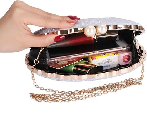Vista 4 de Women Mini Pleated Seashell Evening Clutch Handbag Chain Strap Cross-body Bag