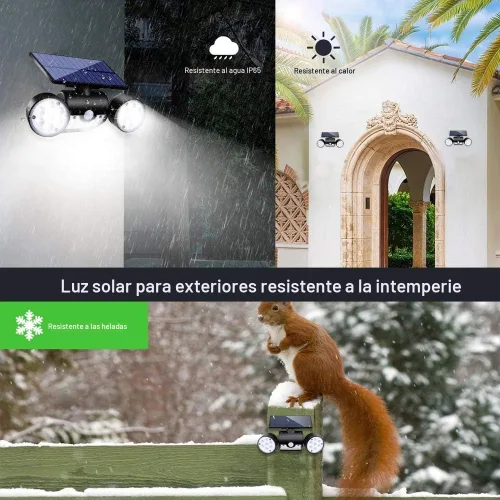 Vista 4 de Luces solares para exteriores, luces de seguridad con sensor de movimiento, luces solares de pared con focos de doble cabeza, LED, impermeables
