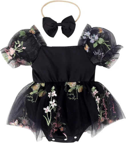 Vista 8 de IDOPIP Conjunto de 2 piezas para bebé recién nacido, con diadema, bordado de flores, tutú, princesa, fiesta de cumpleaños, conjunto de ropa