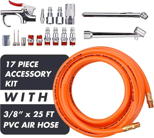 Vista 2 de Kit de manguera de compresor de aire de PVC de 3/8 "x 25 pies con herramienta de aire de 17 piezas y kit de accesorios para compresor de aire