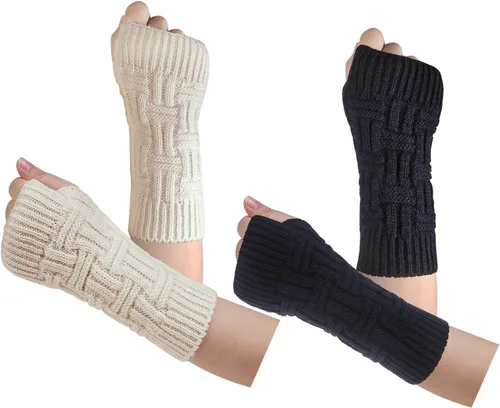 Vista 10 de Loritta Guantes sin dedos para mujer, calentadores de brazos con orificio para el pulgar de invierno de punto y ganchillo A1-beige/gris claro/gris