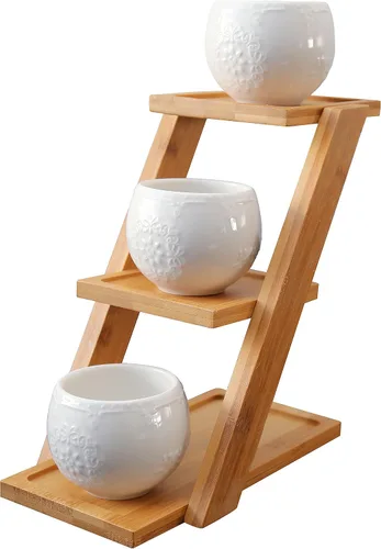 Vista 2 de Jusalpha® Maceta decorativa moderna de cerámica para suculentas pequeñas y redondas con soporte de bambú de 3 niveles, exhibición de ventana