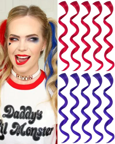 Vista 18 de 10 extensiones de cabello sintético rizado y ondulado negro con clip, reflejos de fiesta de neón arcoíris, accesorios de cabello coloridos