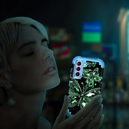 Vista 7 de Miqala Funda para Galaxy S21 FE 5G, brilla en la oscuridad, tres capas, resistente, protección a prueba de golpes, parachoques de plástico