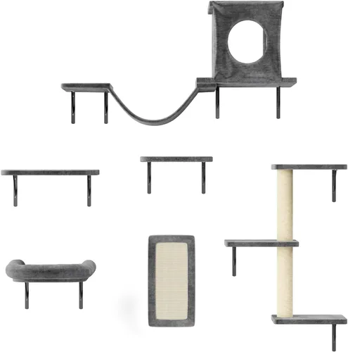Vista 10 de NUNU LAB Estantes de muro para gatos, juego de 6 piezas de lujo montado en la pared, muebles para gatos interiores con 1 casa tipo condominio, 2