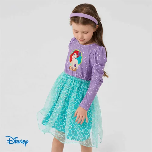 Vista 4 de Disney Princess Toddler Girl Dress, Little Mermaid Ariel Long Sleeve Green Mesh Tutu Dress 3-8 Years