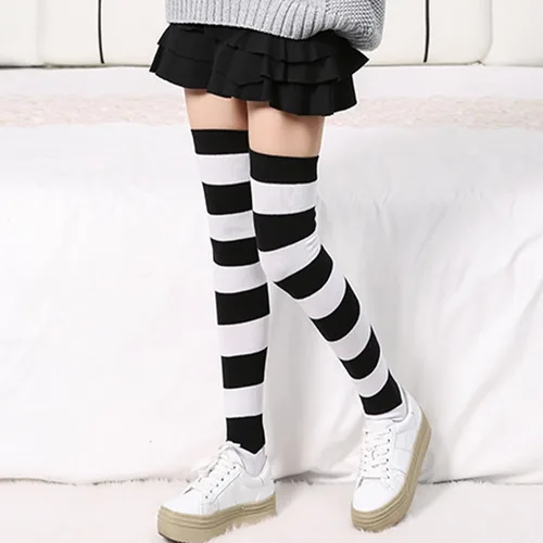 Vista 7 de TOMORI Calcetines largos por encima de la rodilla para mujer, con rayas largas hasta el muslo, casuales, elegantes, calcetines de tubo