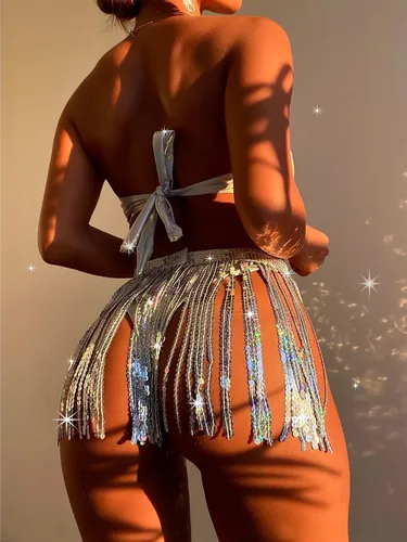 Vista 2 de Trajes de rave para mujer EDC Festival metálico holográfico body bandeau top lentejuelas borlas falda 3 piezas bikini