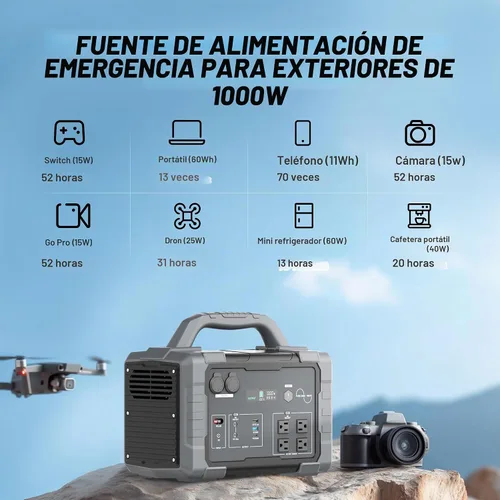 Vista 6 de Estación de energía portátil 1000W 1024Wh LiFePO4 para exteriores Gris