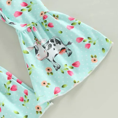 Vista 69 de fhutpw Conjunto de camiseta de manga corta con estampado de vaca y pantalones acampanados de dibujos animados para niñas