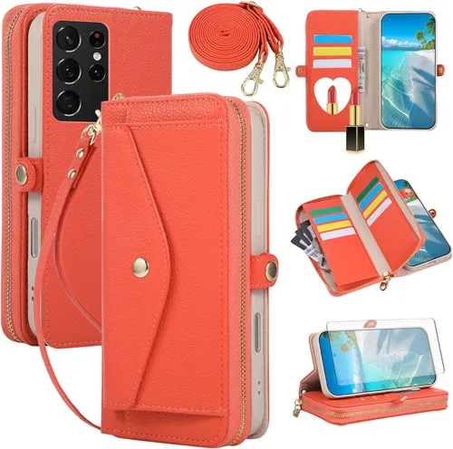 Vista 77 de Asuwish Funda de teléfono para Samsung Galaxy S23 5G con cremallera, funda para celular con protector de pantalla, correa para el hombro, espejo